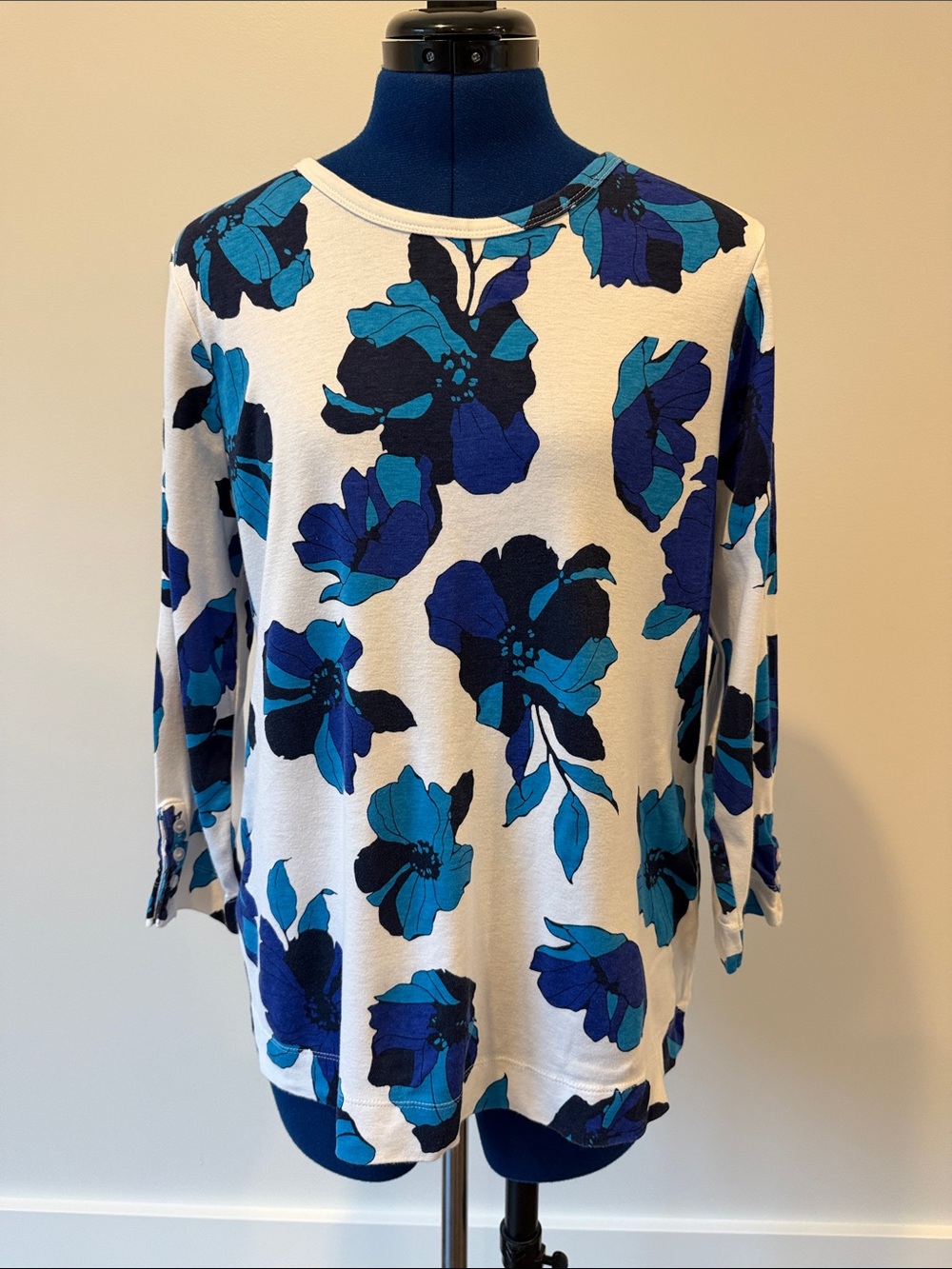 Chico's White Long-Sleeve Top with Blue Floral Print